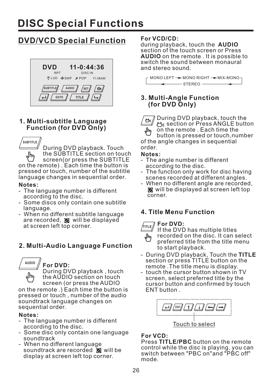 Disc special functions, Dvd/vcd special function, Title menu function | Multi-subtitle language function (for dvd only), Multi-audio language function, Multi-angle function (for dvd only) | EXONIC EXD 4500T User Manual | Page 26 / 36