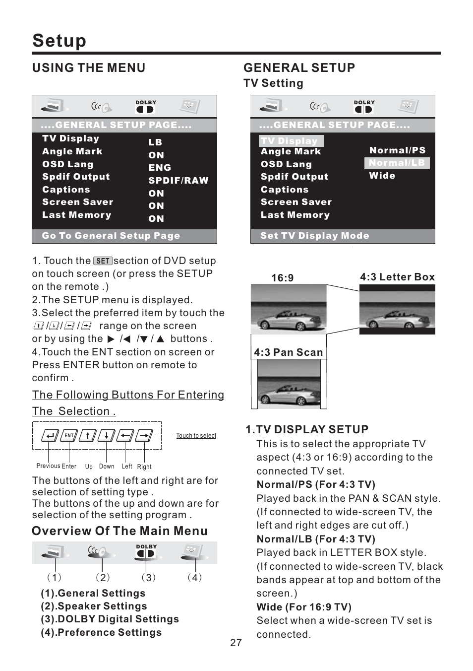Setup, Using the menu, General setup | Overview of the main menu | EXONIC EXD 4500T User Manual | Page 27 / 36