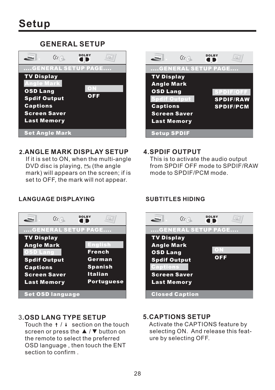 Setup, General setup, Captions setup | Angle mark display setup, Spdif output, 3 .osd lang type setup | EXONIC EXD 4500T User Manual | Page 28 / 36