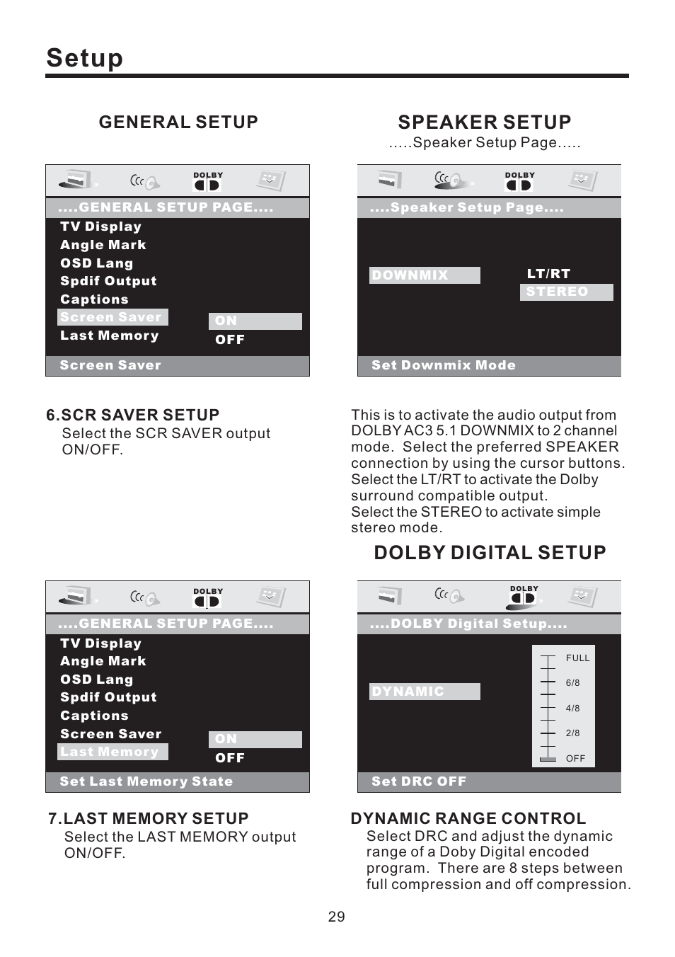 Setup, Speaker setup, Dolby digital setup | General setup, Scr saver setup, Dynamic range control | EXONIC EXD 4500T User Manual | Page 29 / 36