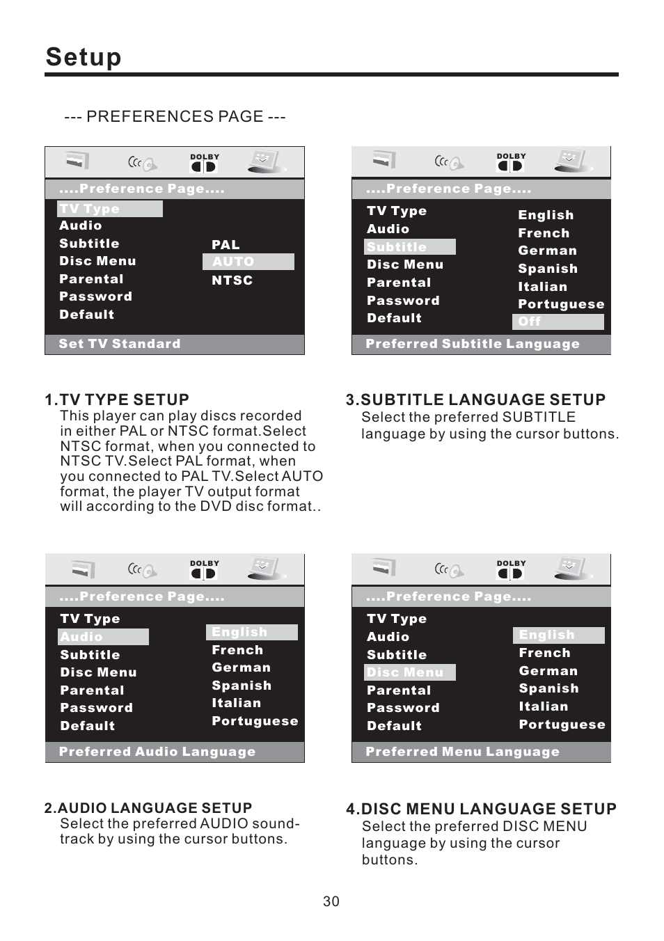 Setup, Preferences page .tv type setup, Subtitle language setup | Disc menu language setup | EXONIC EXD 4500T User Manual | Page 30 / 36