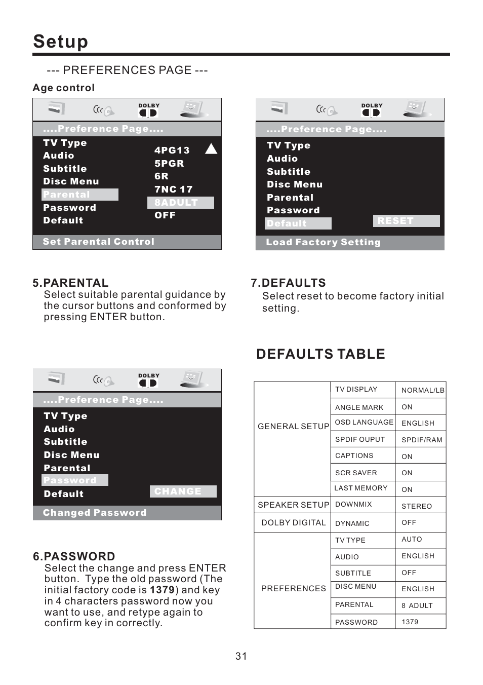 Setup, Defaults table, Parental | Password, Defaults, Preferences page | EXONIC EXD 4500T User Manual | Page 31 / 36