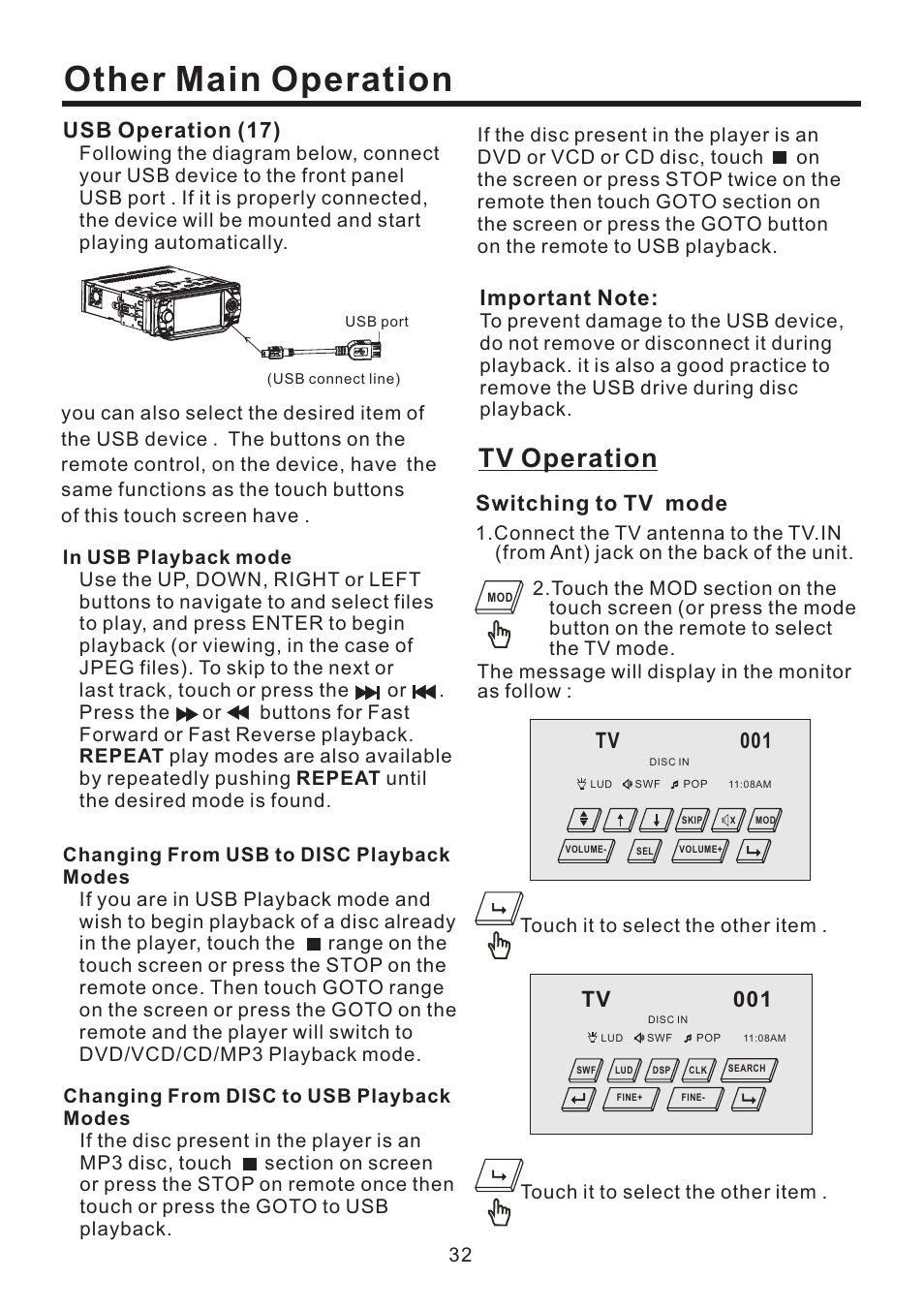 Other main operation, Tv operation, Usb operation (17) | Switching to tv mode, Tv 001 | EXONIC EXD 4500T User Manual | Page 32 / 36