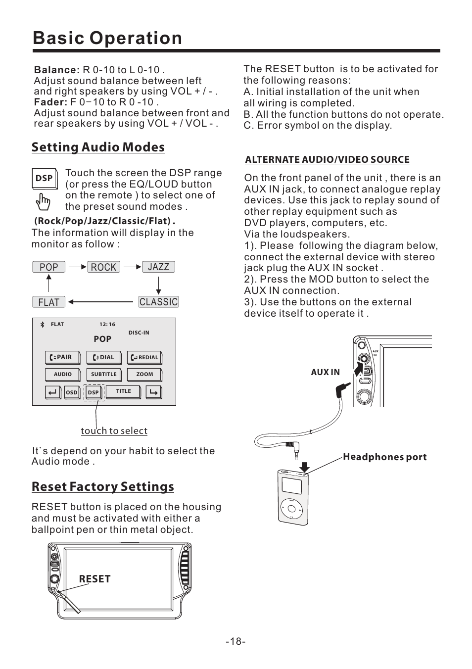 Basic operation, Reset factory settings, Setting audio modes | Reset | EXONIC EXD 6505 User Manual | Page 18 / 38