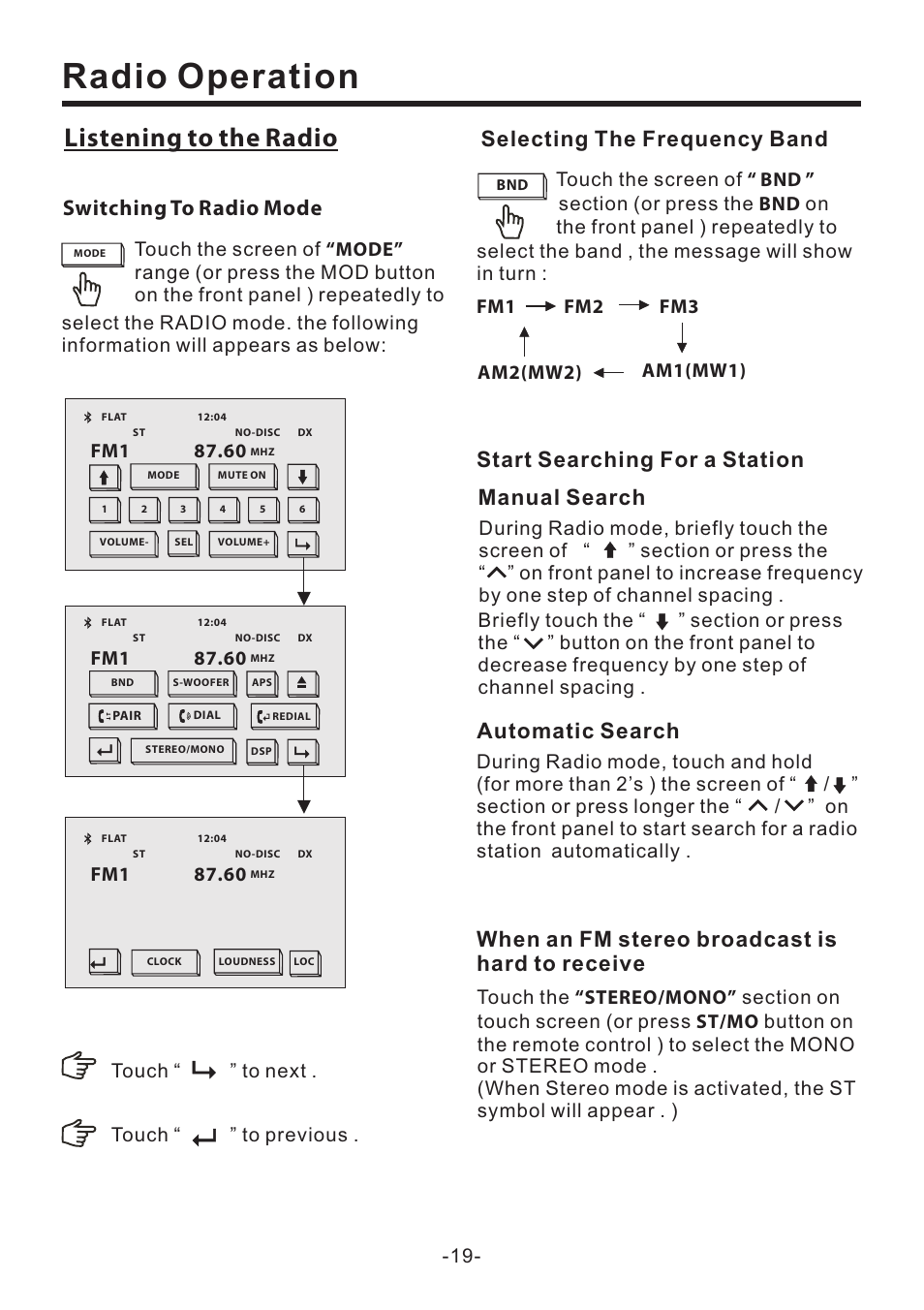 Radio operation, Listening to the radio, When an fm stereo broadcast is hard to receive | Switching to radio mode, Selecting the frequency band, Start searching for a station, Manual search automatic search | EXONIC EXD 6505 User Manual | Page 19 / 38