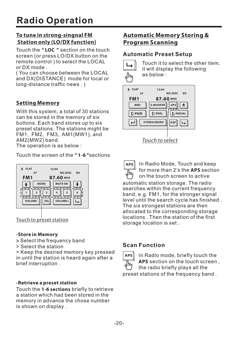 Radio operation, Automatic preset setup, Touch to select scan function | EXONIC EXD 6505 User Manual | Page 20 / 38