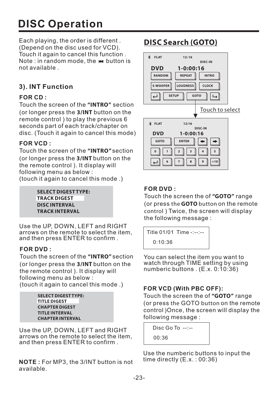 Disc operation, Disc search (goto), 3). int function | EXONIC EXD 6505 User Manual | Page 23 / 38