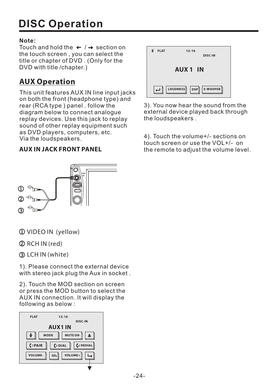 Disc operation, Aux operation, Aux 1 in | Aux1 in | EXONIC EXD 6505 User Manual | Page 24 / 38