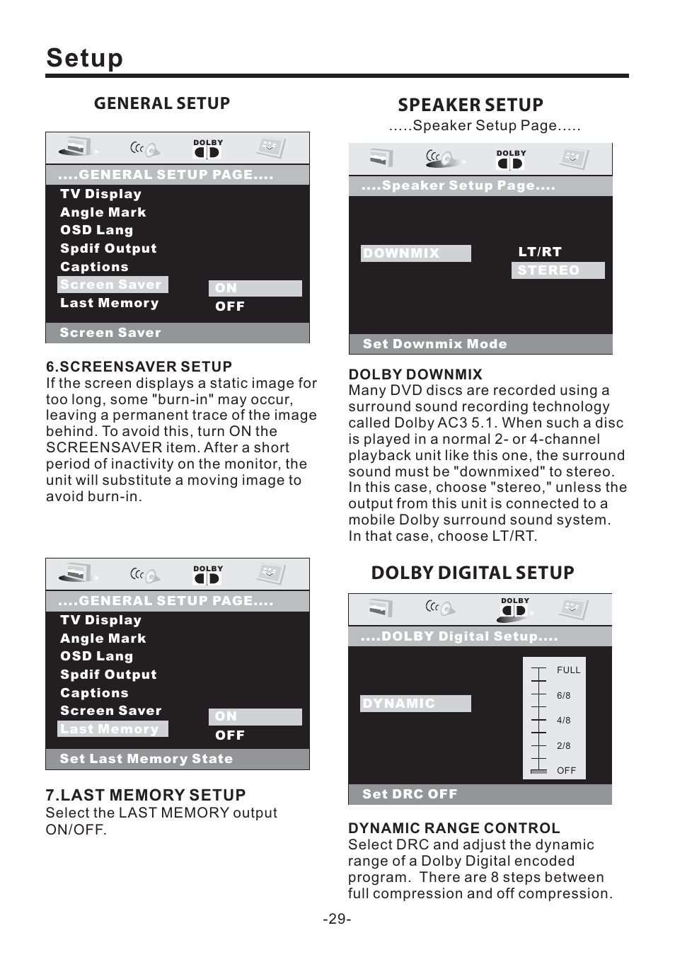 Setup, Speaker setup, Dolby digital setup | General setup | EXONIC EXD 6505 User Manual | Page 29 / 38