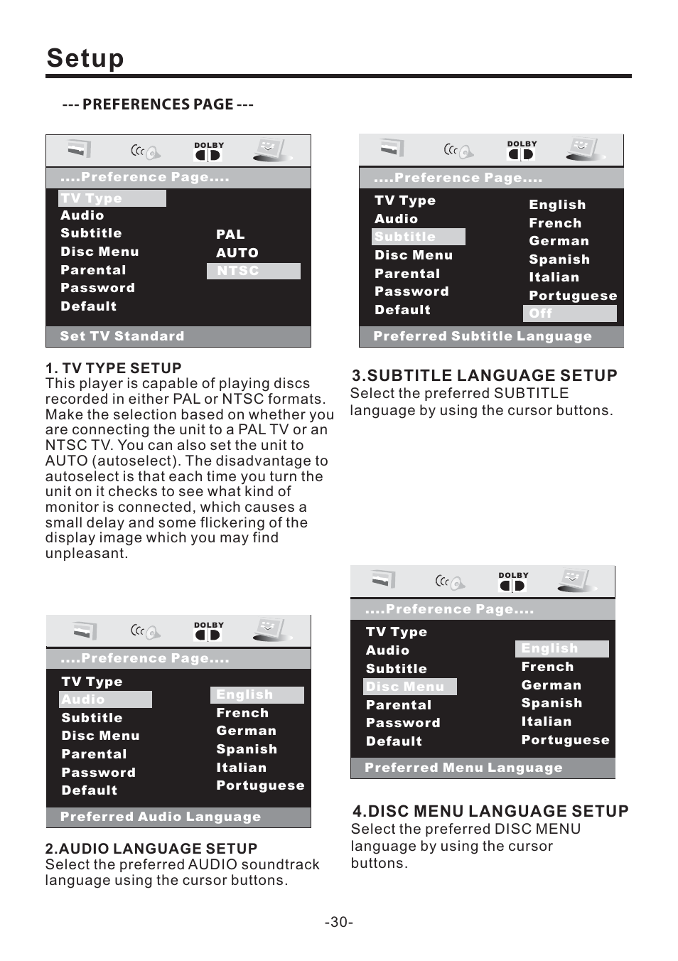 Setup, Preferences page, Subtitle language setup | Disc menu language setup | EXONIC EXD 6505 User Manual | Page 30 / 38