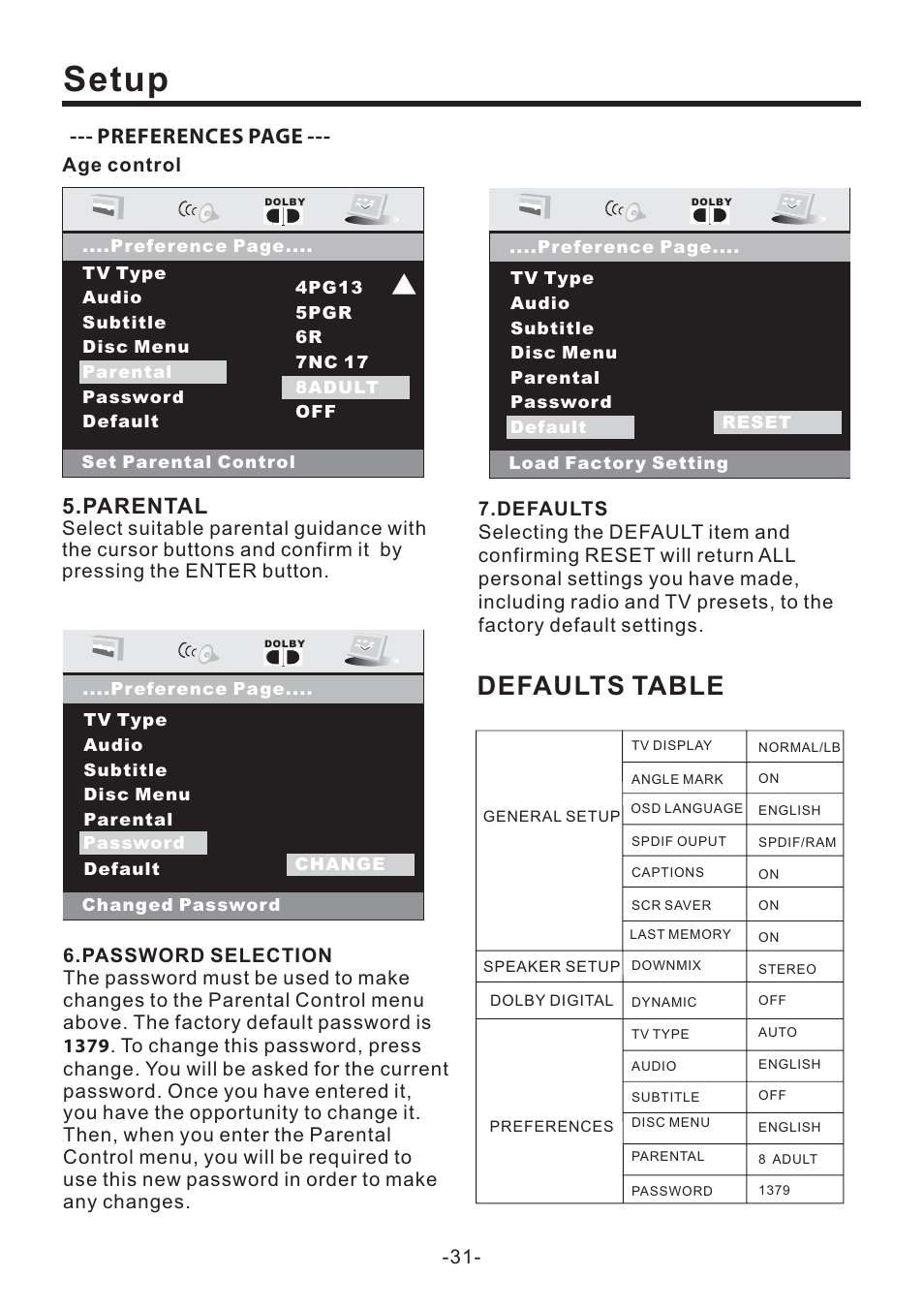 Setup, Defaults table, Parental | Preferences page, Age control -31 | EXONIC EXD 6505 User Manual | Page 31 / 38
