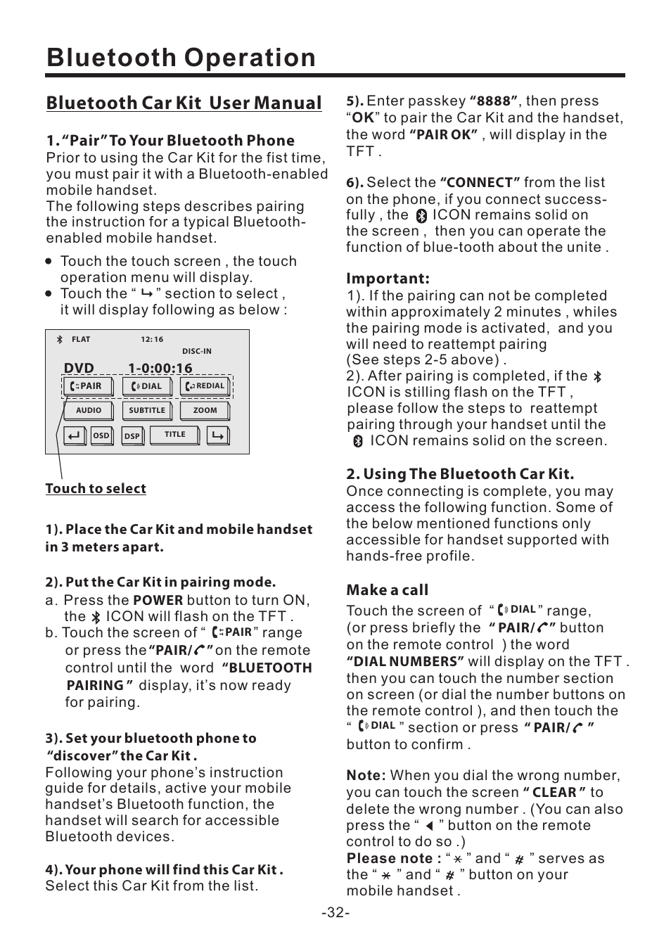 Bluetooth operation, Bluetooth car kit user manual | EXONIC EXD 6505 User Manual | Page 32 / 38