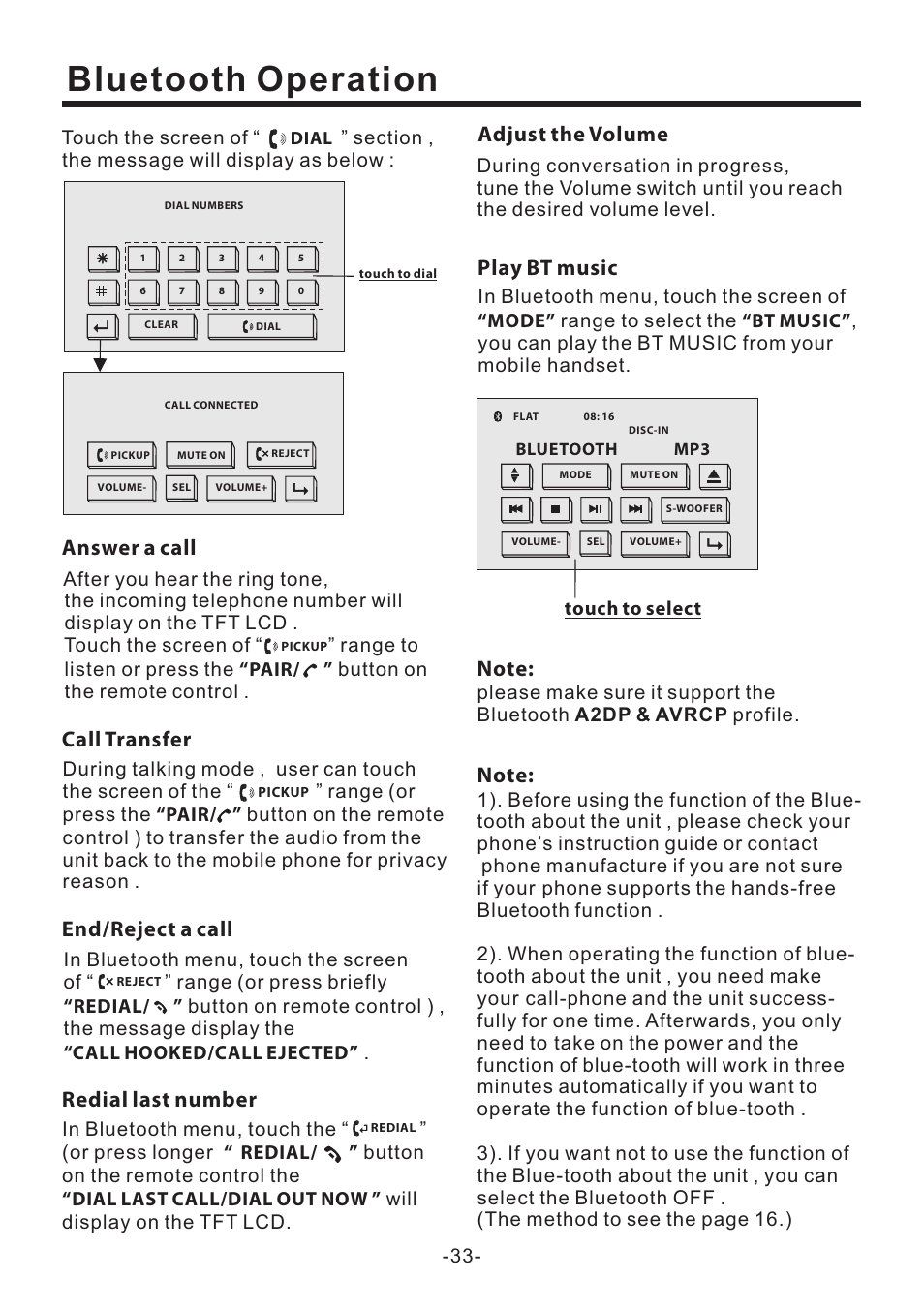 Bluetooth operation, Adjust the volume, Answer a call | Call transfer, End/reject a call, Redial last number, Play bt music | EXONIC EXD 6505 User Manual | Page 33 / 38