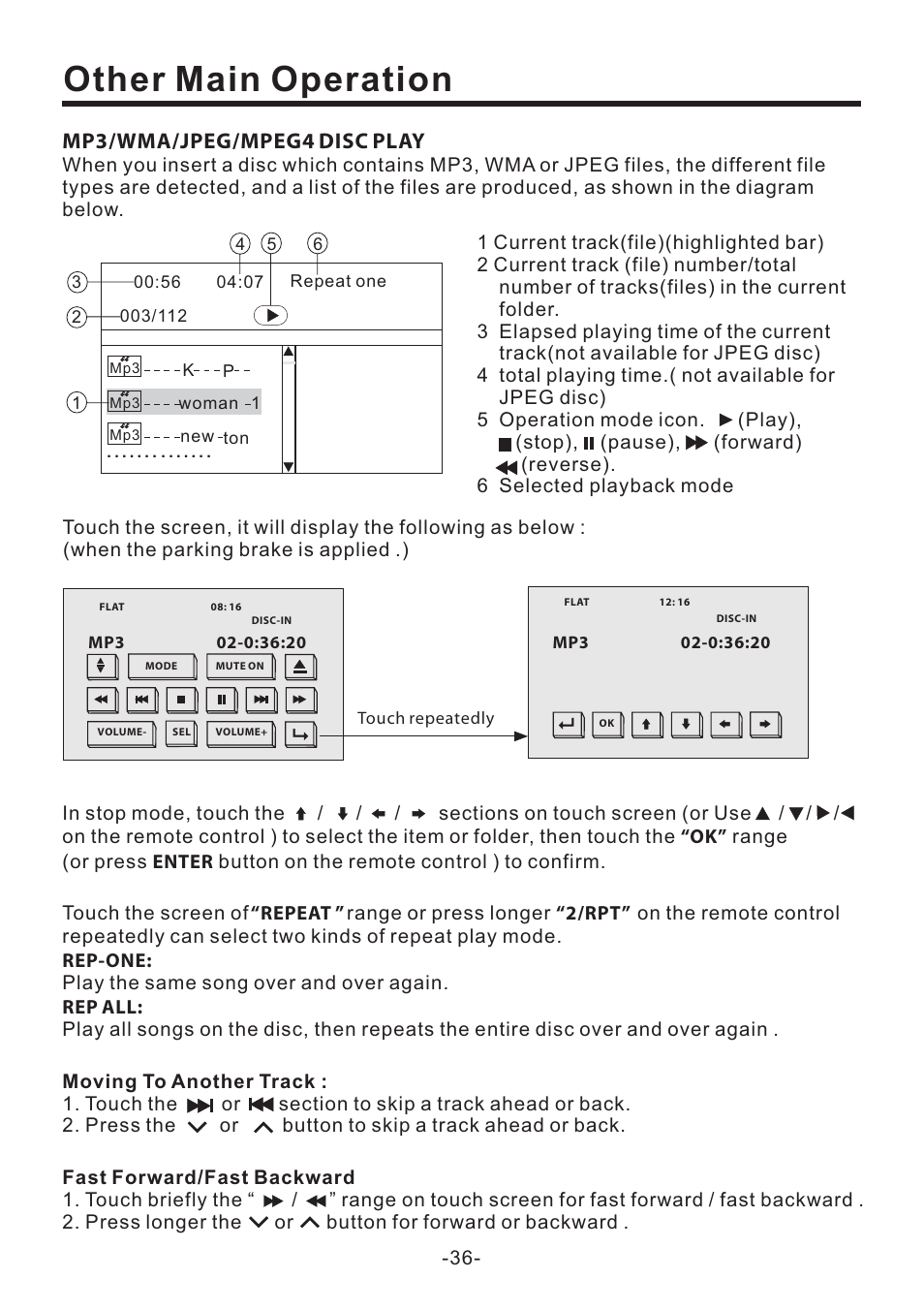 Other main operation, Mp3/wma/jpeg/mpeg4 disc play | EXONIC EXD 6505 User Manual | Page 36 / 38