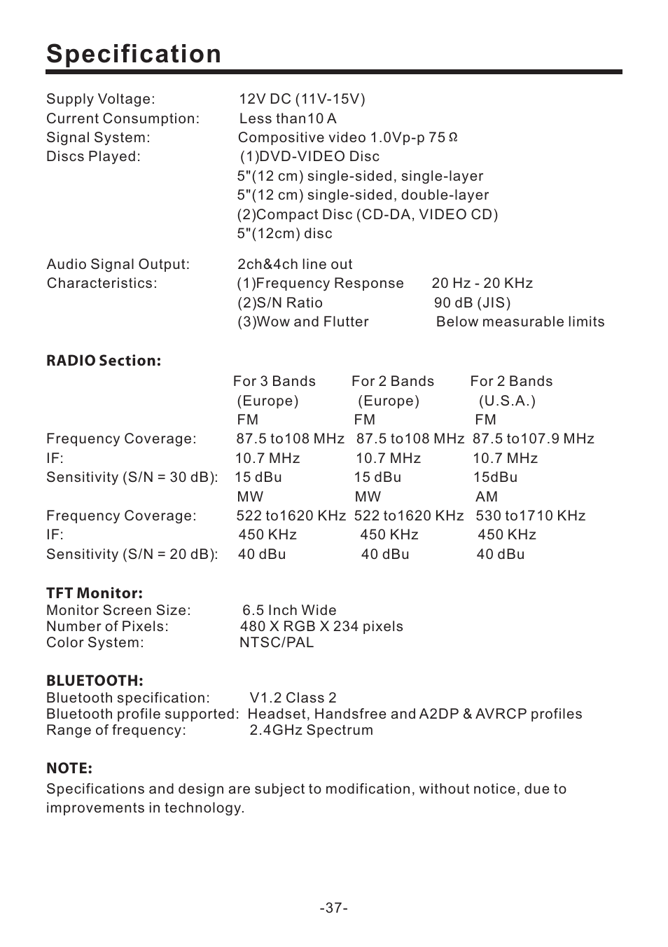 Specification | EXONIC EXD 6505 User Manual | Page 37 / 38