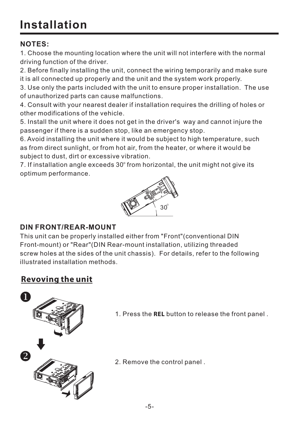Installation, Revoving the unit | EXONIC EXD 6505 User Manual | Page 5 / 38