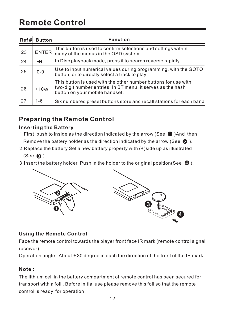 Remote control, Preparing the remote control | EXONIC EXD 6805 User Manual | Page 13 / 38
