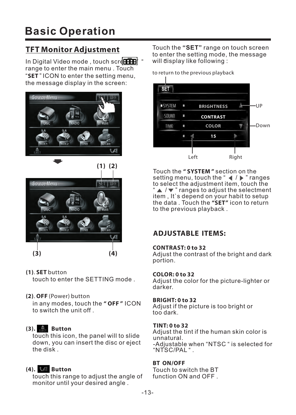 Basic operation, Tft monitor adjustment, Adjustable items | EXONIC EXD 6805 User Manual | Page 14 / 38