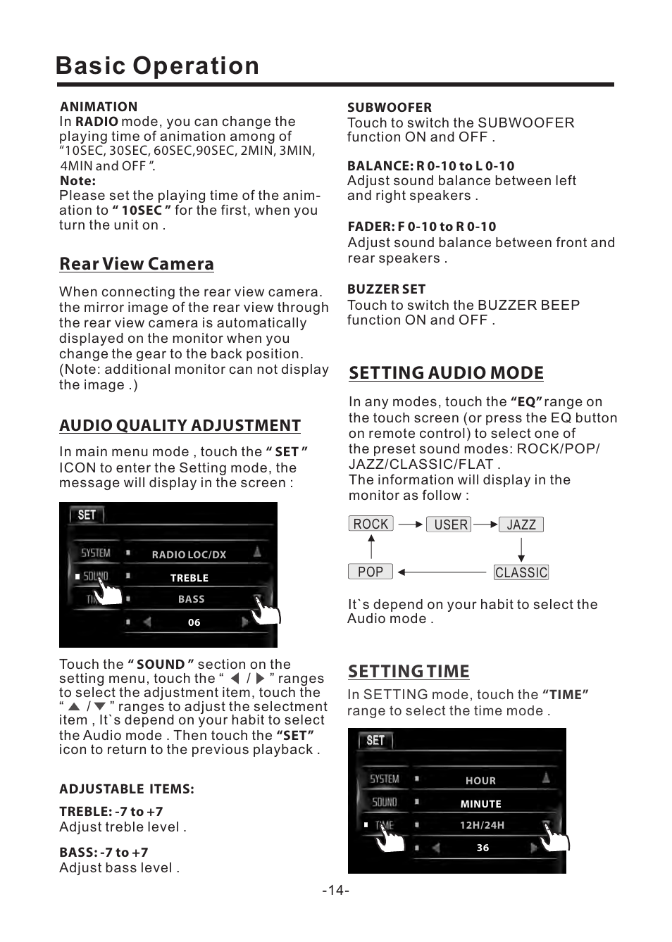 Basic operation, Setting audio mode, Rear view camera | Setting time, Audio quality adjustment | EXONIC EXD 6805 User Manual | Page 15 / 38