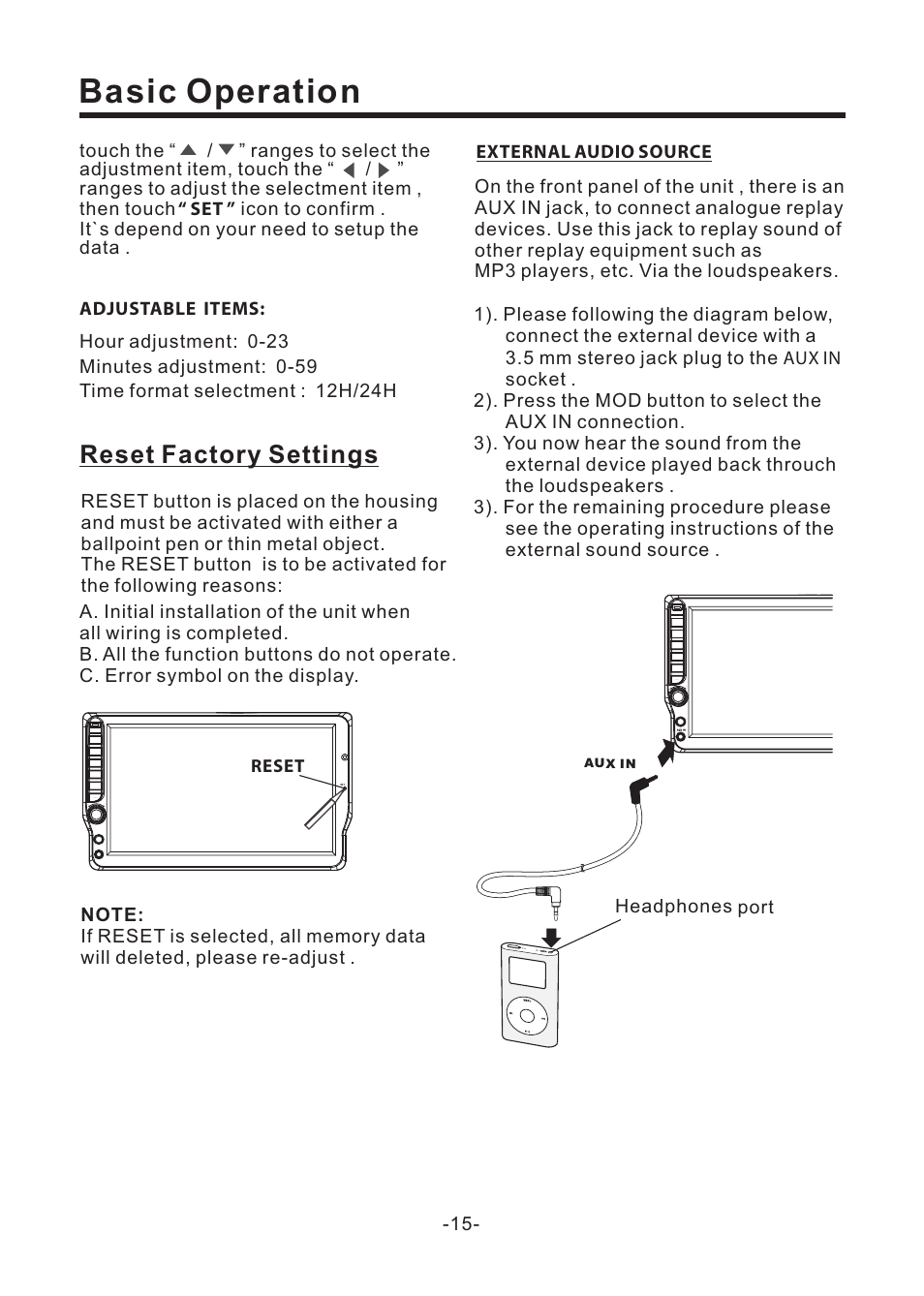Basic operation, Reset factory settings | EXONIC EXD 6805 User Manual | Page 16 / 38