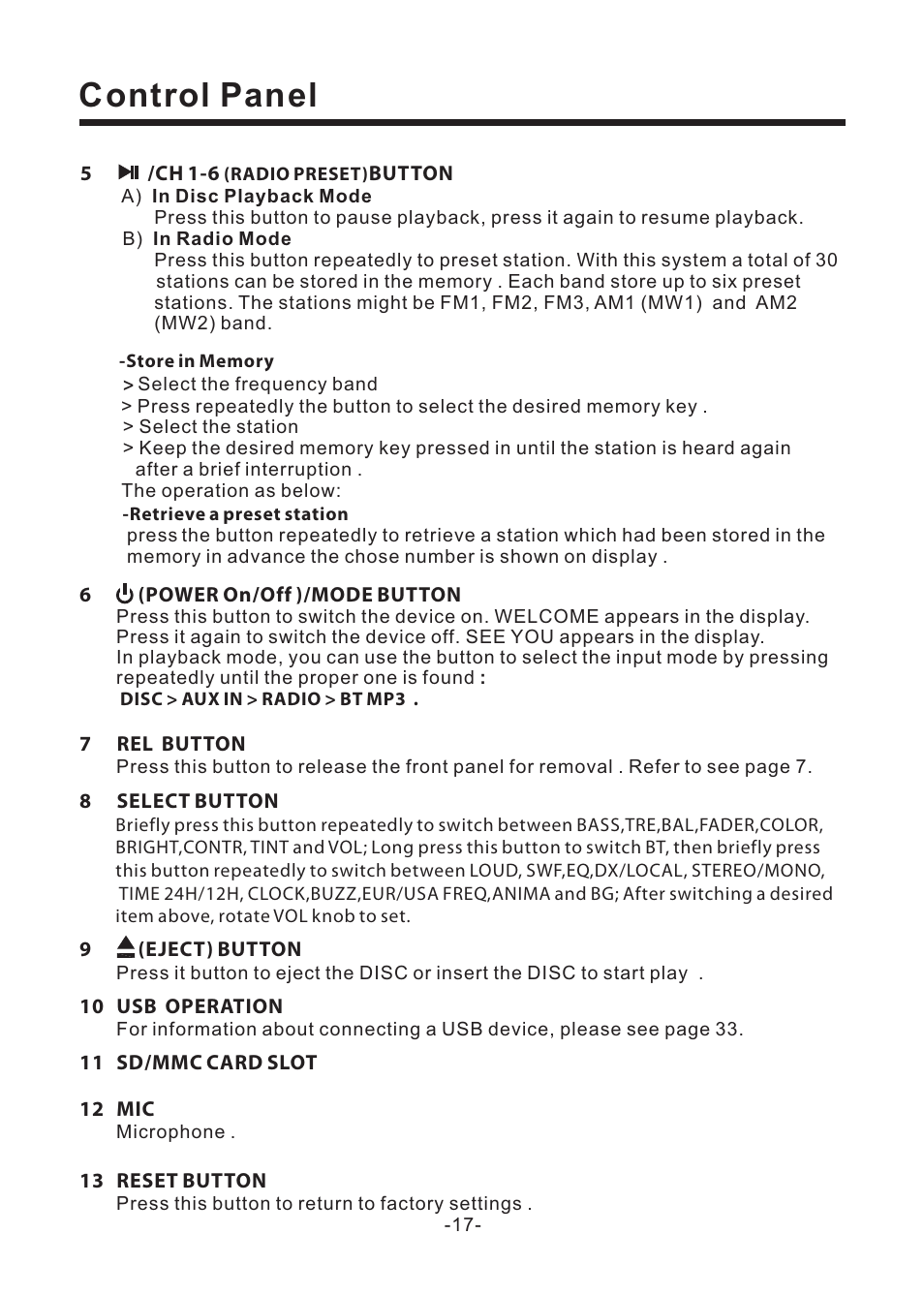 Control panel | EXONIC EXD 6805 User Manual | Page 18 / 38
