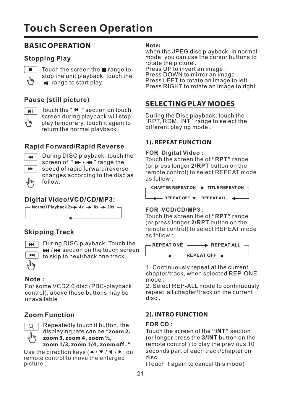 Touch screen operation, Selecting play modes, Basic operation | EXONIC EXD 6805 User Manual | Page 22 / 38