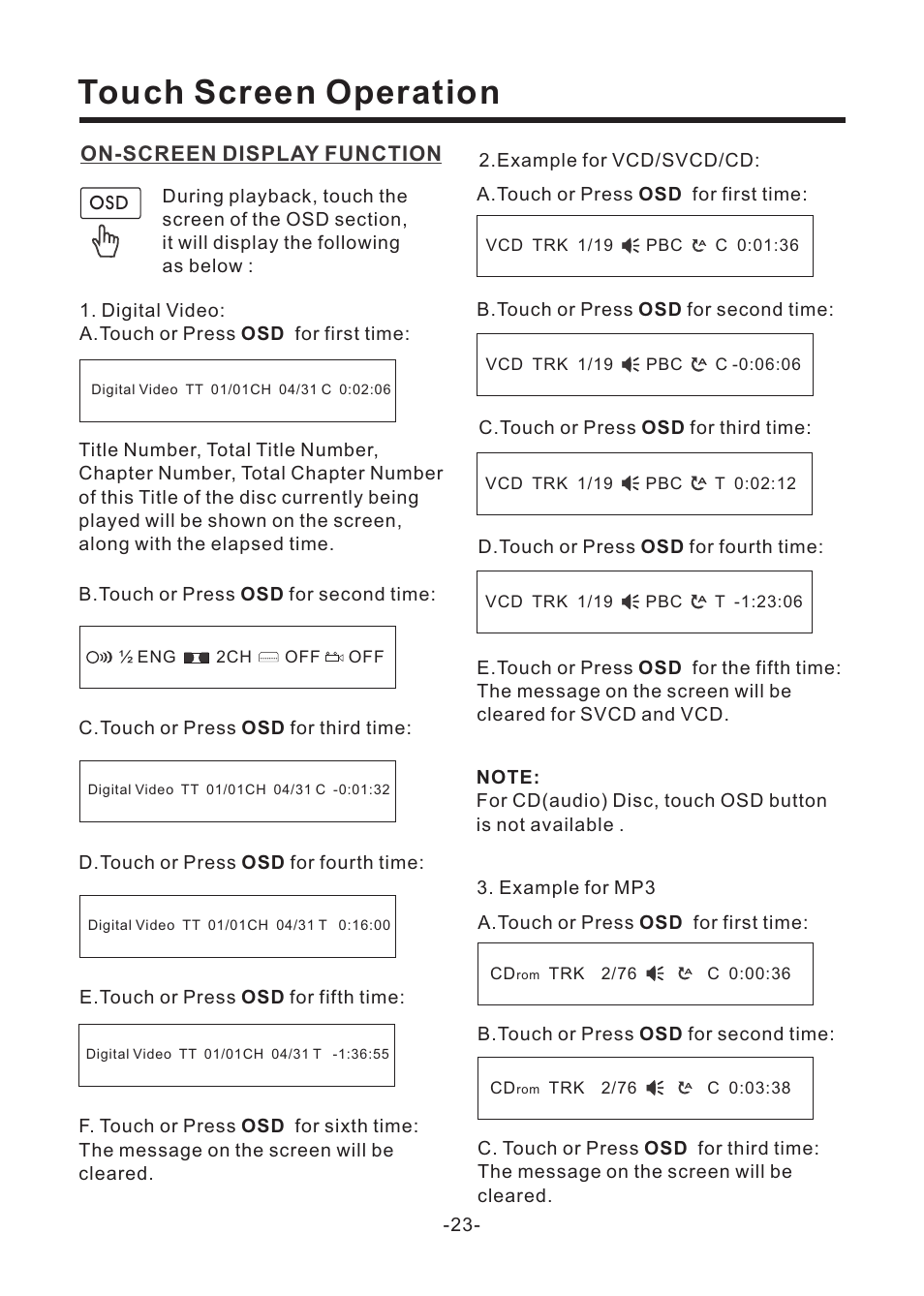 Touch screen operation, On-screen display function | EXONIC EXD 6805 User Manual | Page 24 / 38