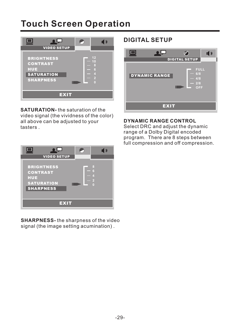 Touch screen operation, Digital setup | EXONIC EXD 6805 User Manual | Page 30 / 38