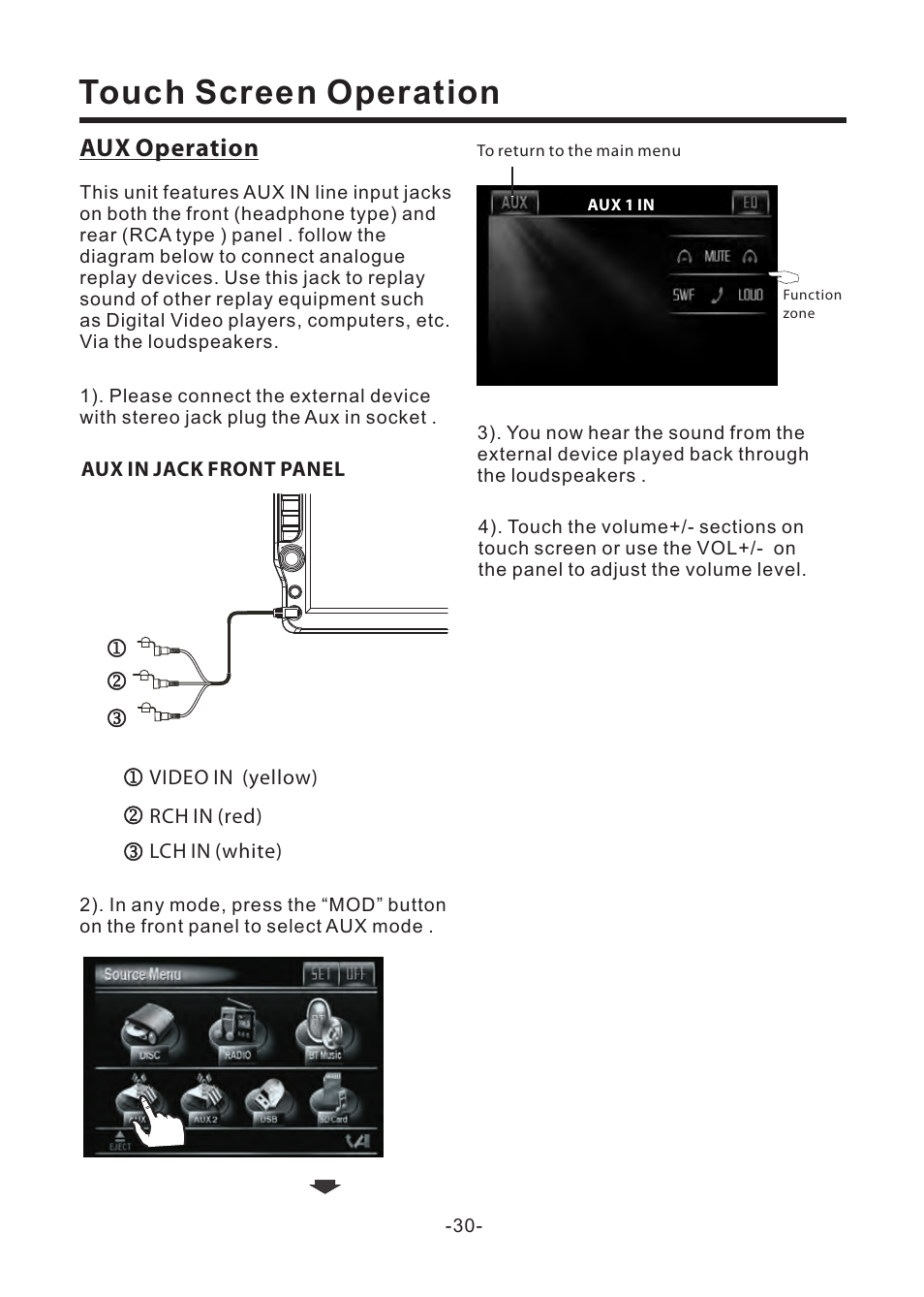 Touch screen operation, Aux operation | EXONIC EXD 6805 User Manual | Page 31 / 38