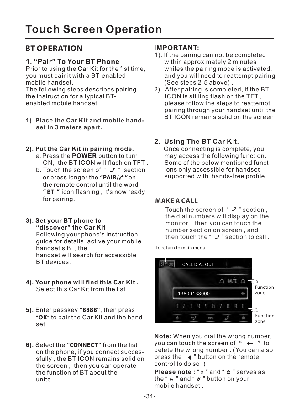 Touch screen operation, Bt operation | EXONIC EXD 6805 User Manual | Page 32 / 38