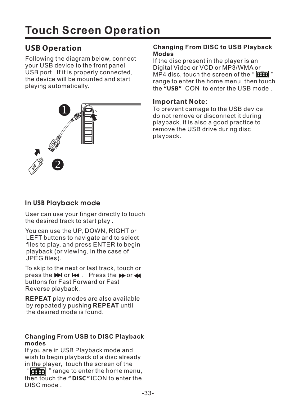 Touch screen operation, Usb operation | EXONIC EXD 6805 User Manual | Page 34 / 38