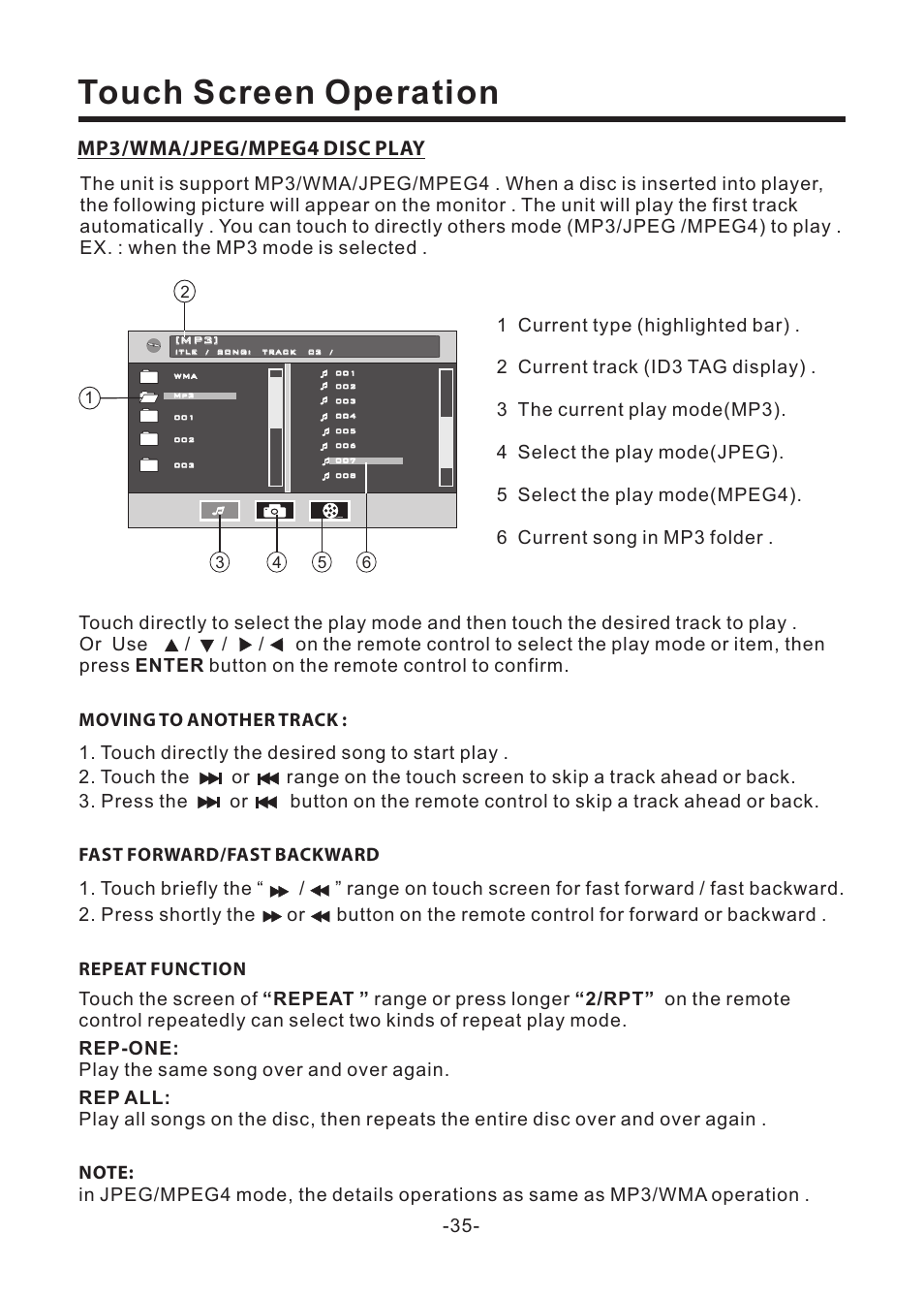 Touch screen operation, Mp3/wma/jpeg/mpeg4 disc play | EXONIC EXD 6805 User Manual | Page 36 / 38