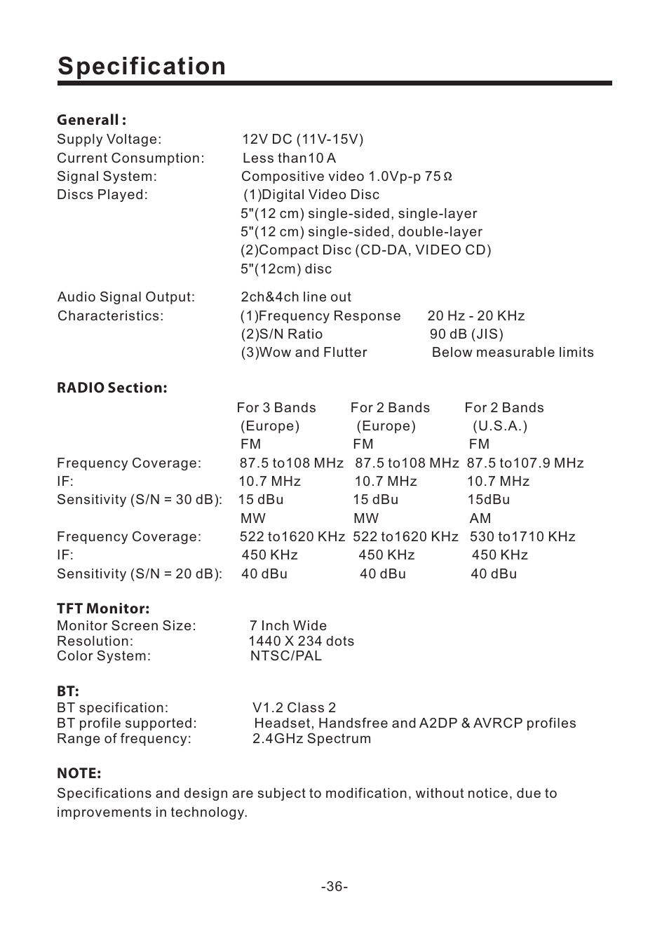 Specification | EXONIC EXD 6805 User Manual | Page 37 / 38