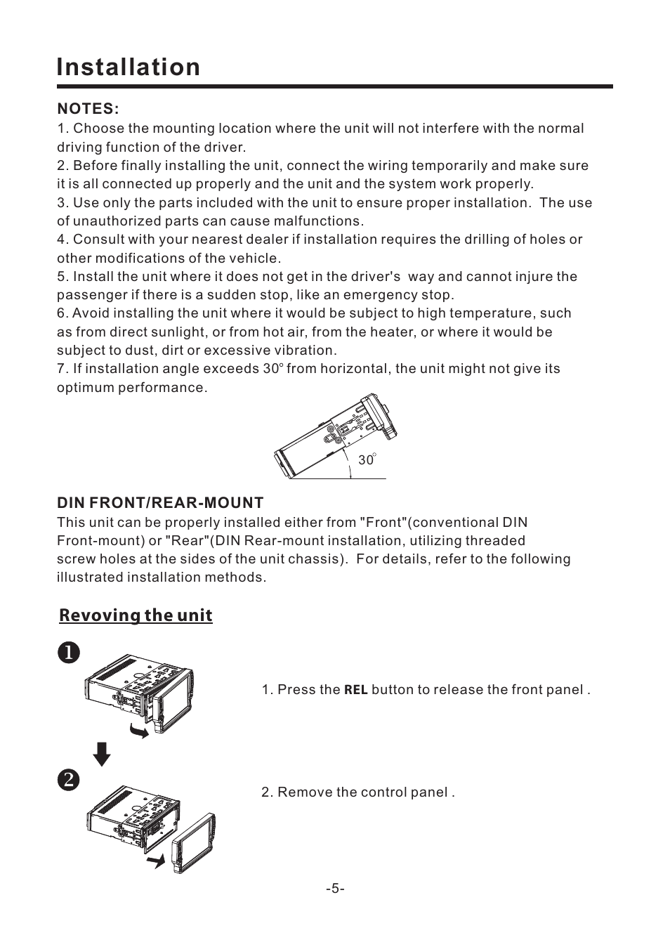 Installation, Revoving the unit | EXONIC EXD 6805 User Manual | Page 6 / 38