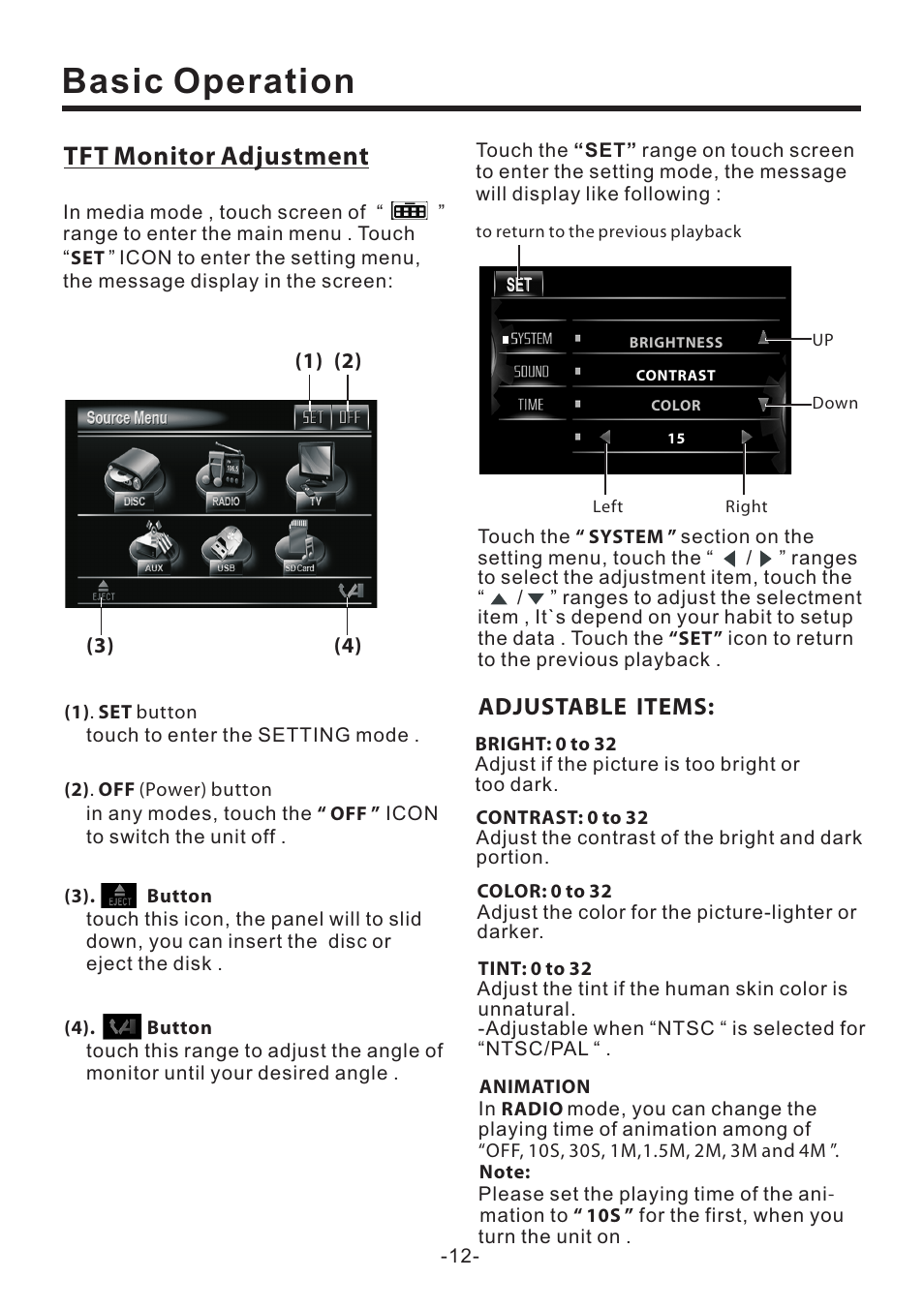 Basic operation, Tft monitor adjustment, Adjustable items | EXONIC EXD 7082 User Manual | Page 13 / 35