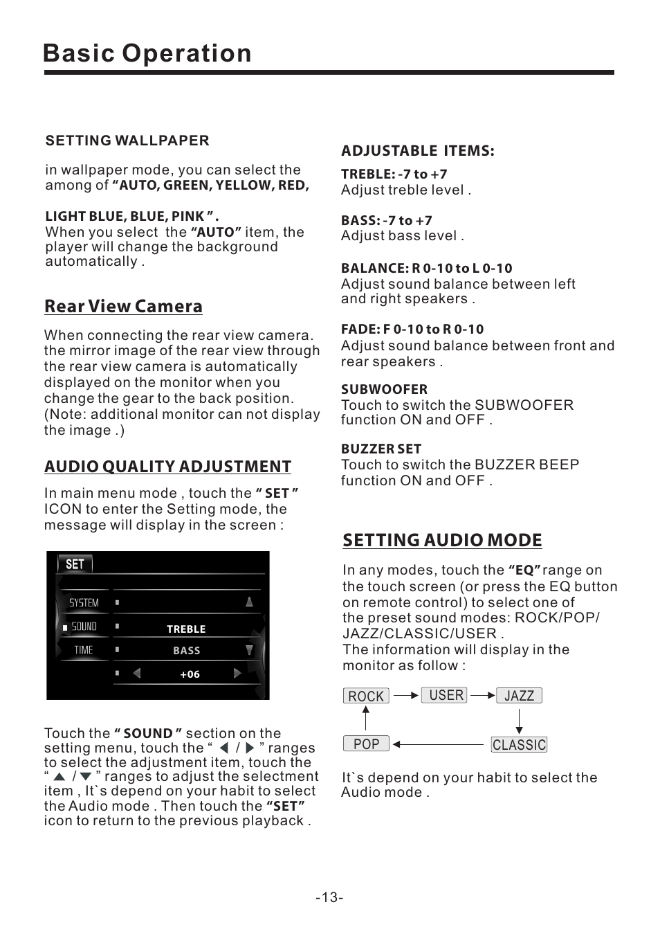 Basic operation, Setting audio mode, Rear view camera | Audio quality adjustment | EXONIC EXD 7082 User Manual | Page 14 / 35