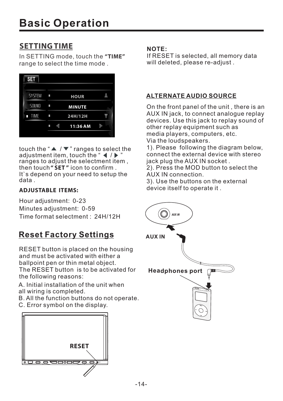 Basic operation, Setting time, Reset factory settings | EXONIC EXD 7082 User Manual | Page 15 / 35