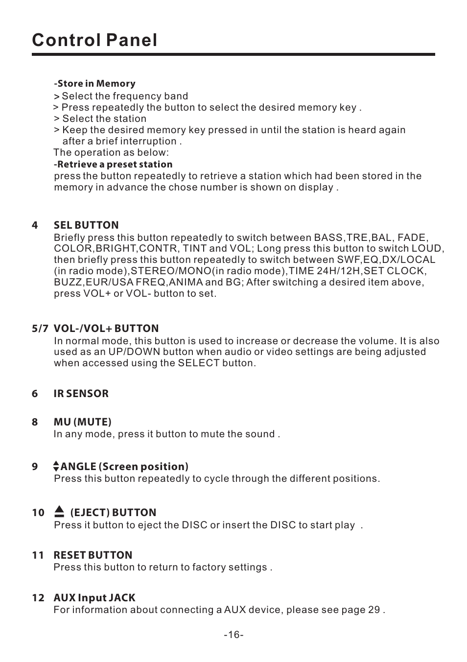Control panel | EXONIC EXD 7082 User Manual | Page 17 / 35