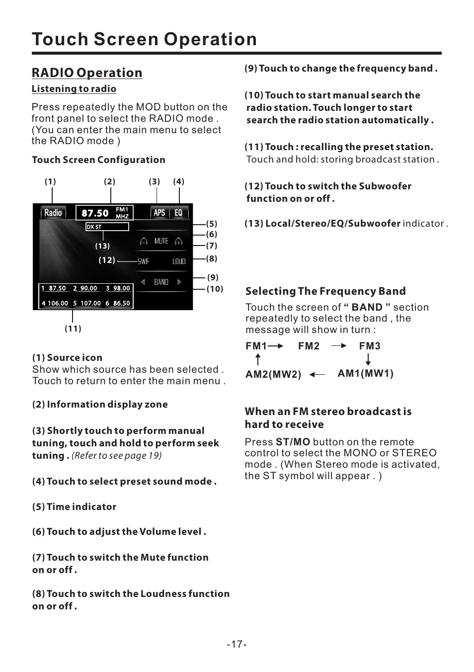 Touch screen operation, Radio operation, Selecting the frequency band | When an fm stereo broadcast is hard to receive | EXONIC EXD 7082 User Manual | Page 18 / 35