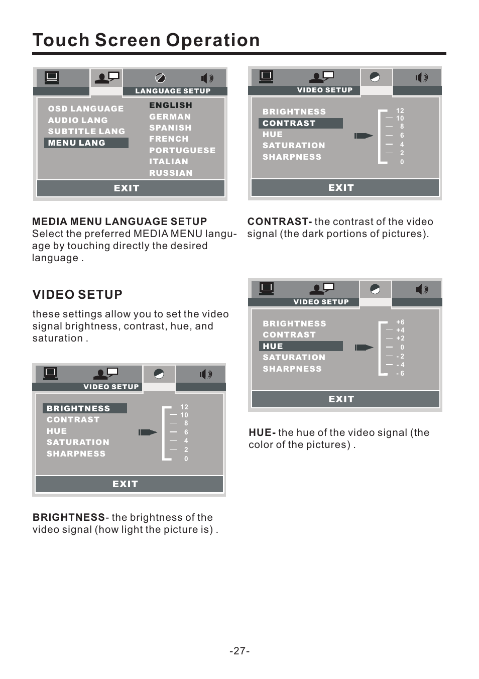 Touch screen operation, Video setup | EXONIC EXD 7082 User Manual | Page 28 / 35