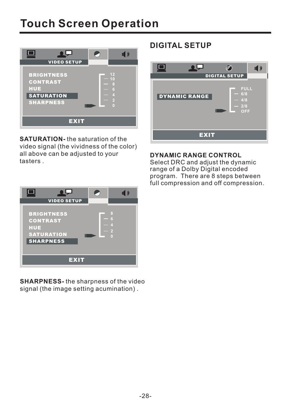 Touch screen operation, Digital setup | EXONIC EXD 7082 User Manual | Page 29 / 35