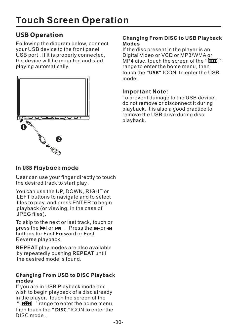 Touch screen operation, Usb operation | EXONIC EXD 7082 User Manual | Page 31 / 35