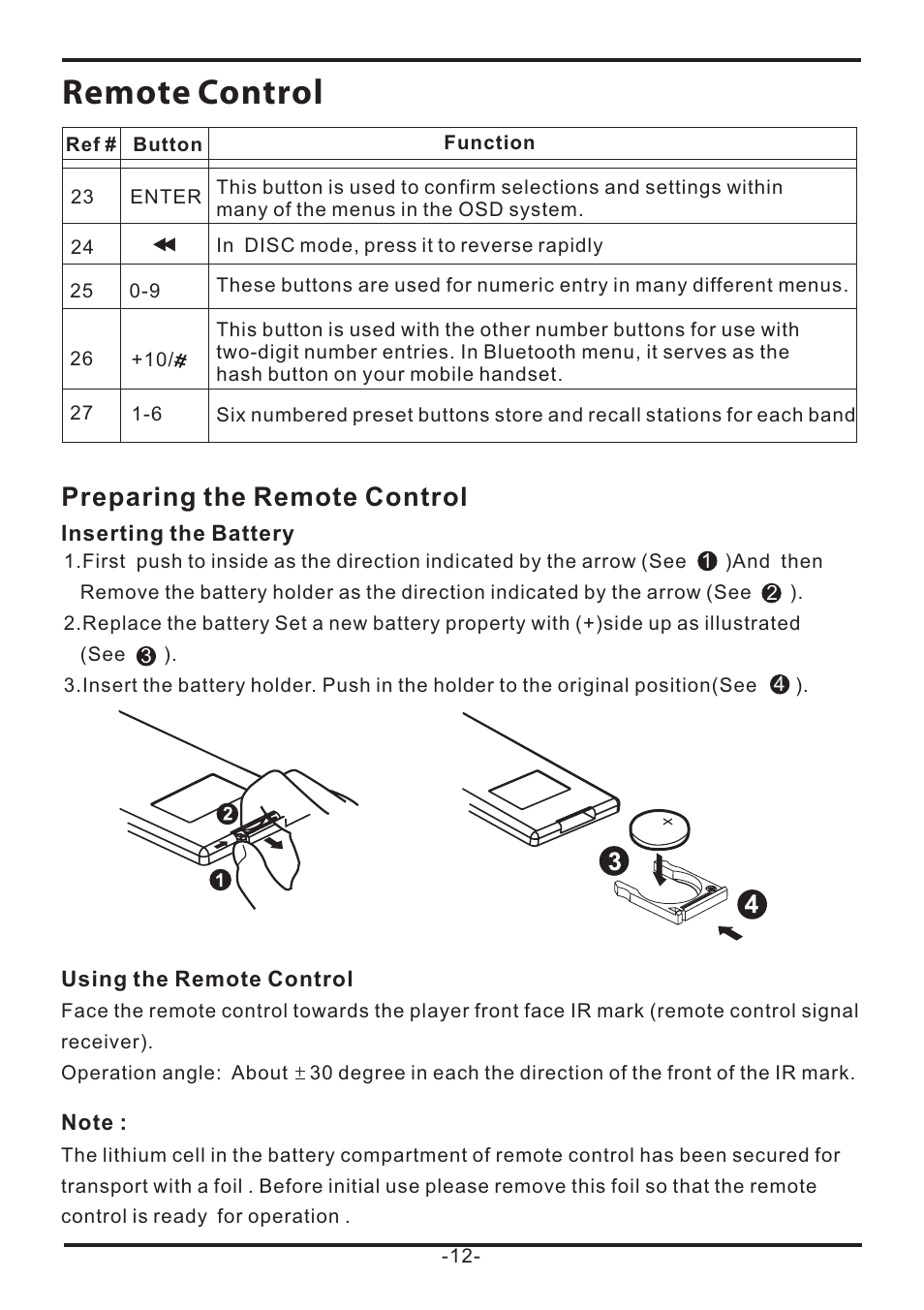 Remote control, Preparing the remote control | EXONIC EXD 7085 User Manual | Page 12 / 38