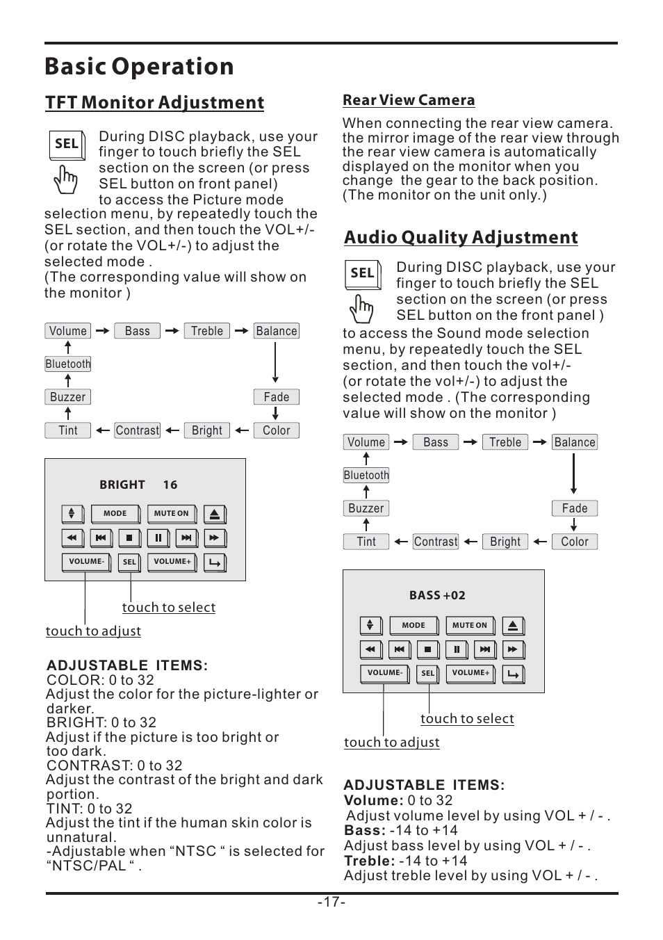 Basic operation, Tft monitor adjustment, Audio quality adjustment | EXONIC EXD 7085 User Manual | Page 17 / 38