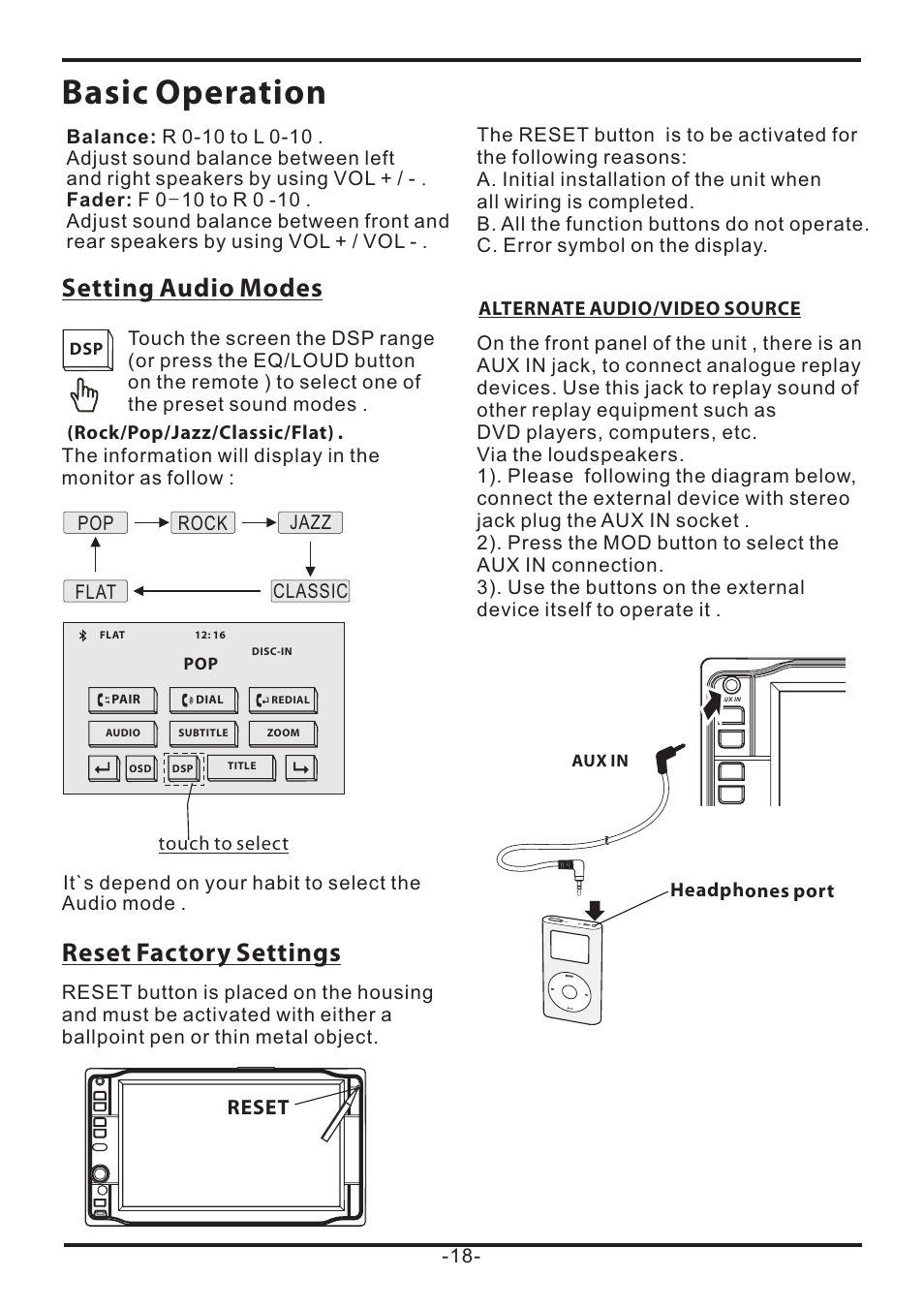 Basic operation, Reset factory settings, Setting audio modes | EXONIC EXD 7085 User Manual | Page 18 / 38