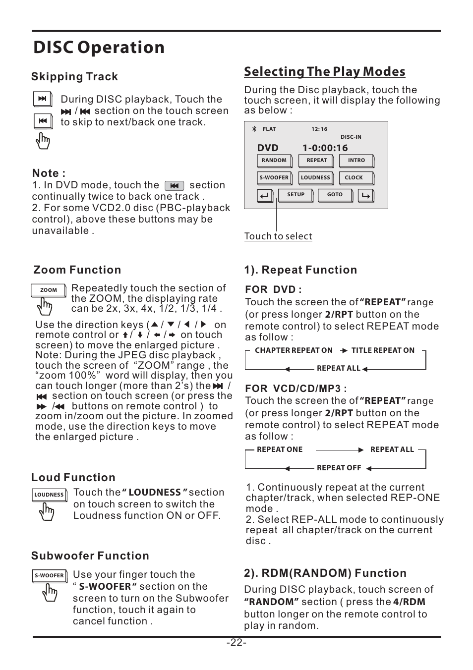 Disc operation, Selecting the play modes | EXONIC EXD 7085 User Manual | Page 22 / 38