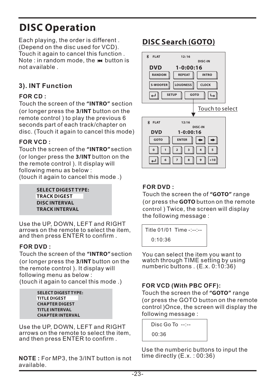 Disc operation, Disc search (goto), 3). int function | EXONIC EXD 7085 User Manual | Page 23 / 38