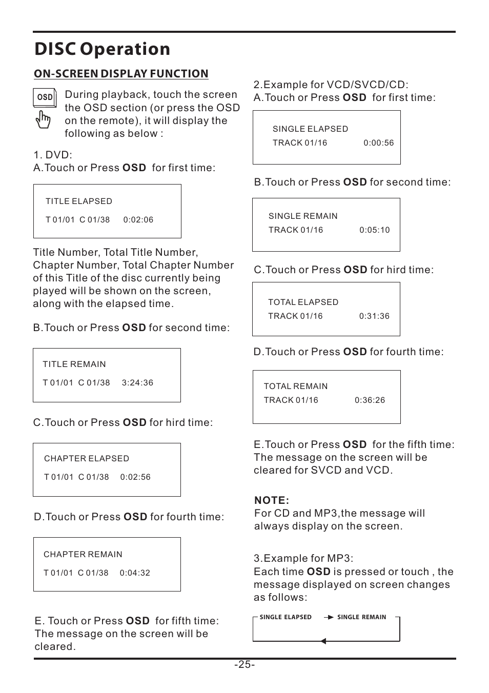 Disc operation, On-screen display function | EXONIC EXD 7085 User Manual | Page 25 / 38