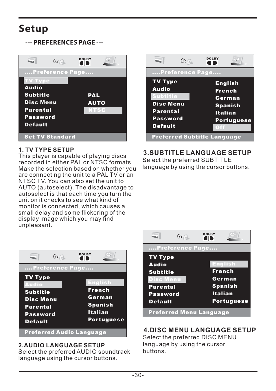 Setup, Preferences page, Subtitle language setup | Disc menu language setup | EXONIC EXD 7085 User Manual | Page 30 / 38