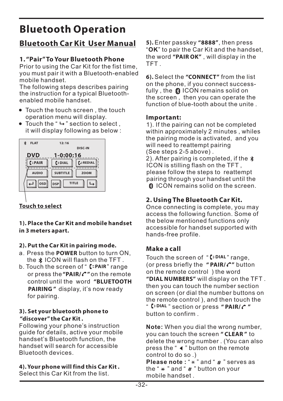Bluetooth operation, Bluetooth car kit user manual | EXONIC EXD 7085 User Manual | Page 32 / 38